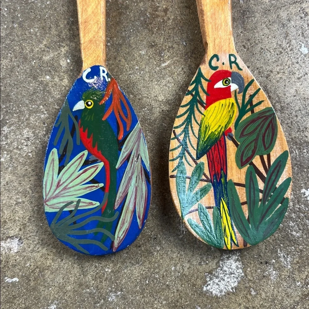 Colorful Wooden Hand painted spoons with tropical birds
